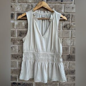 Anthropologie Dolan Left Coast Cream Sleeveless Smocked Waist V-Neck Top Sz Med
